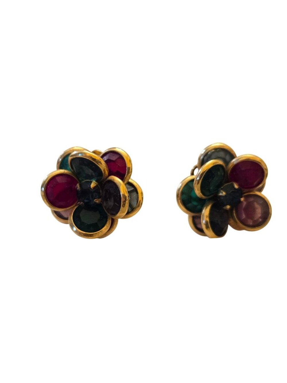 Vintage Gold-Tone Multicolor Floral Stud Earrings With Faceted Glass Stones‎